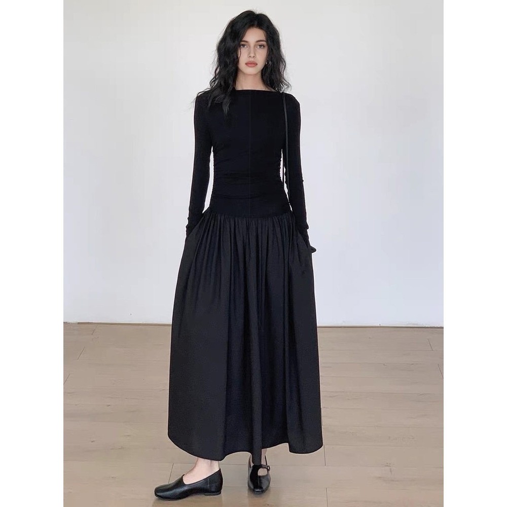 Commense Black Pleated Patchwork Maxi Dress Long Sleeve Elegant size M NEW